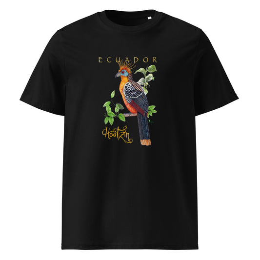 Hoatzin tee on Black, Printful mockup