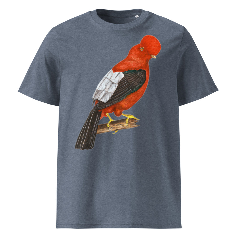 Andean Cock-of-the-rock tee on Dark Heather Blue, Printful mockup