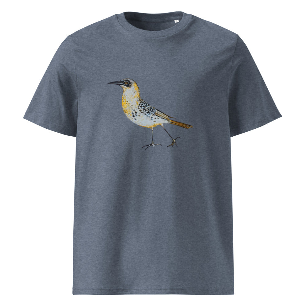 Galápagos Mockingbird tee on Dark Heather Blue, Printful mockup