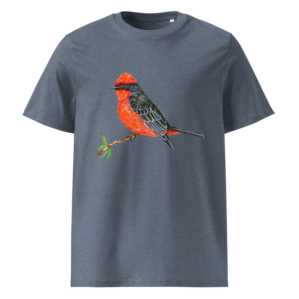 Vermilion Flycatcher tee on Dark Heather Blue, Printful mockup