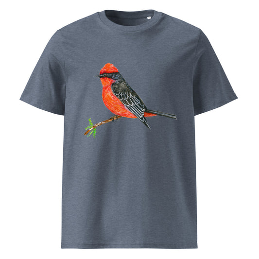 Vermilion Flycatcher tee on Dark Heather Blue, Printful mockup