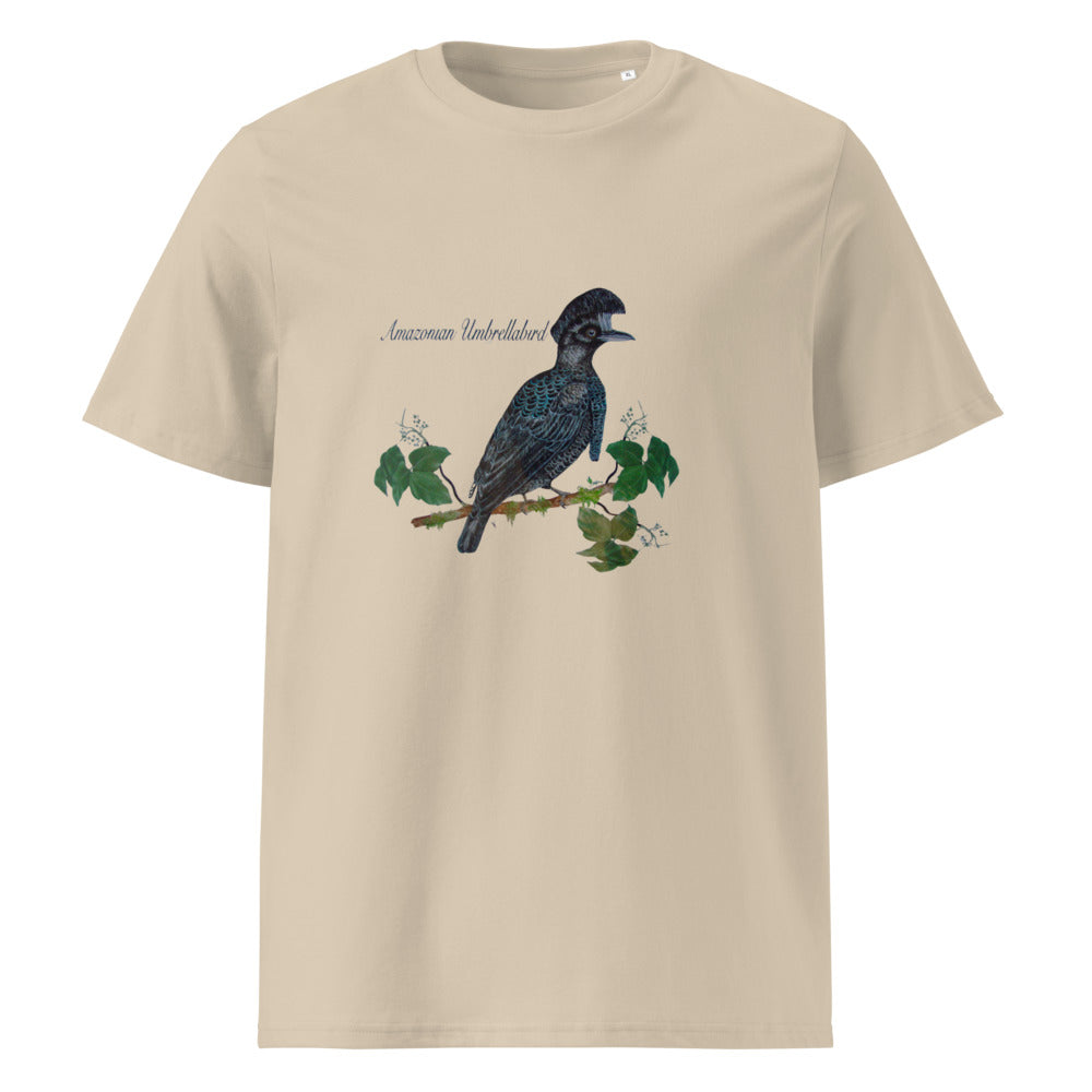 Amazonian Umbrellabird tee on Desert Dust, Printful mockup