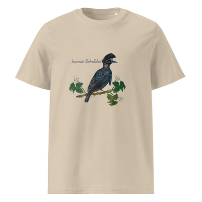Amazonian Umbrellabird tee on Desert Dust, Printful mockup