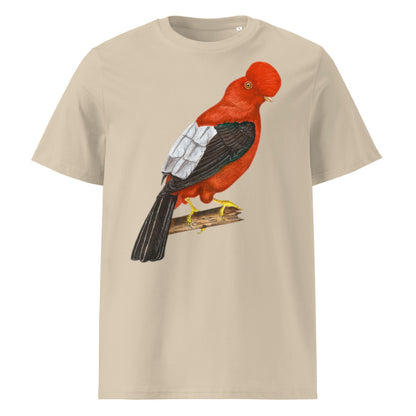 Andean Cock-of-the-rock tee on Desert Dust, Printful mockup