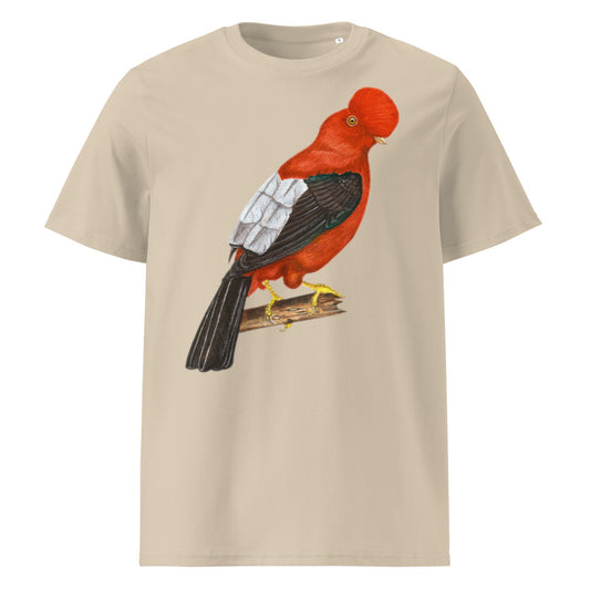 Andean Cock-of-the-rock tee on Desert Dust, Printful mockup