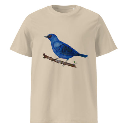 Blue-and-Black Tanager tee on Desert Dust, Printful mockup