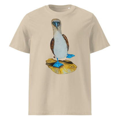 Blue-footed Booby tee on Desert Dust, Printful mockup