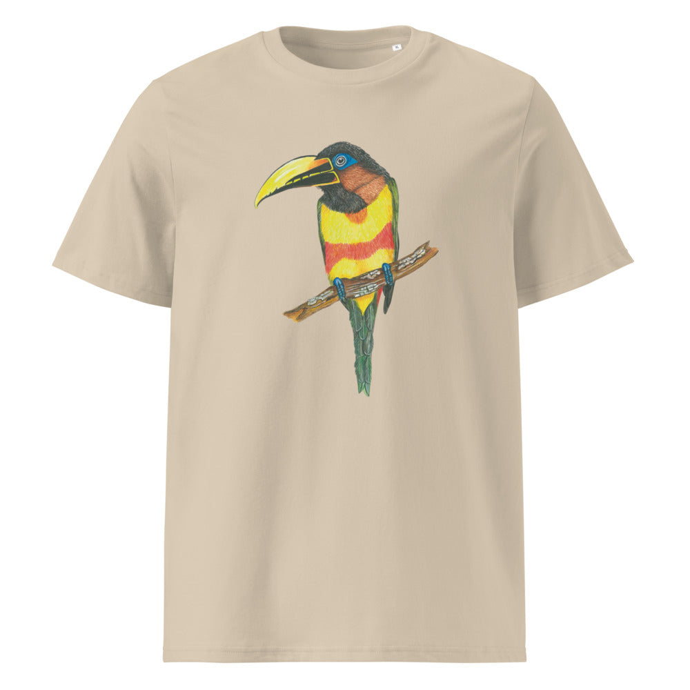 Chestnut-eared Araçari tee on Desert Dust, Printful mockup