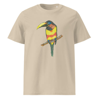 Chestnut-eared Araçari tee on Desert Dust, Printful mockup
