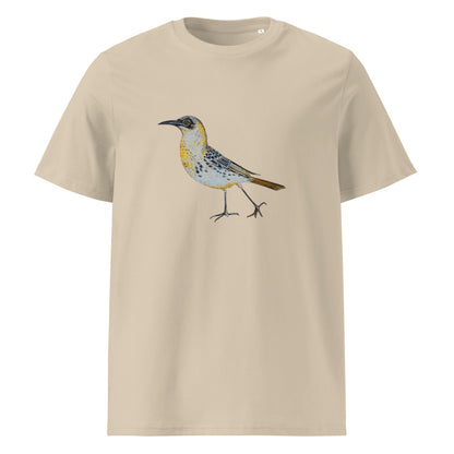Galápagos Mockingbird tee on Desert Dust, Printful mockup