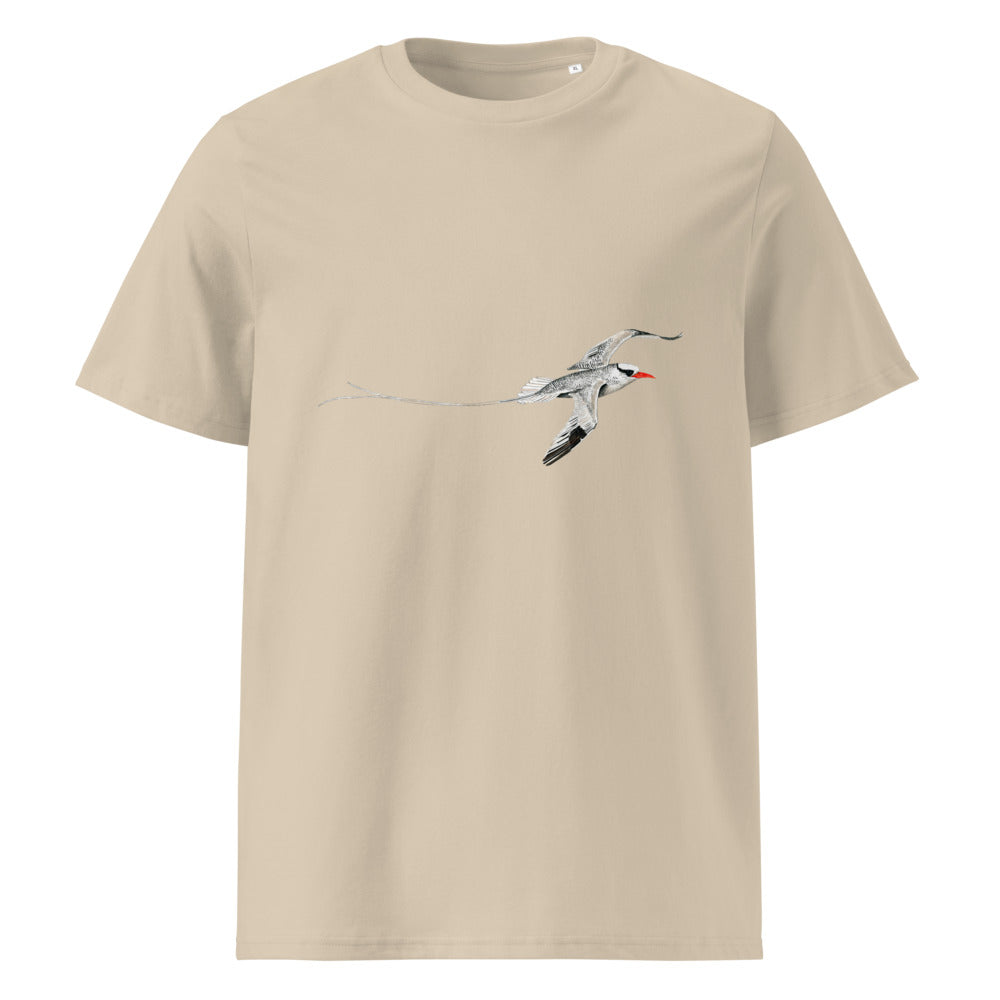 Red-billed Tropicbird tee on Desert Dust, Printful mockup