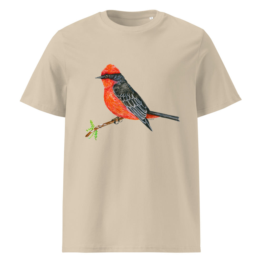 Vermilion Flycatcher tee on Desert Dust, Printful mockup