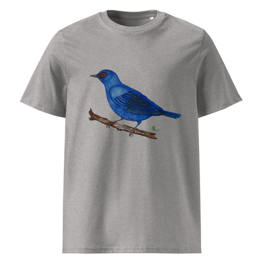 Blue-and-Black Tanager tee on Heather Grey, Printful mockup