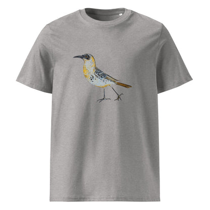 Galápagos Mockingbird tee on Heather Grey, Printful mockup