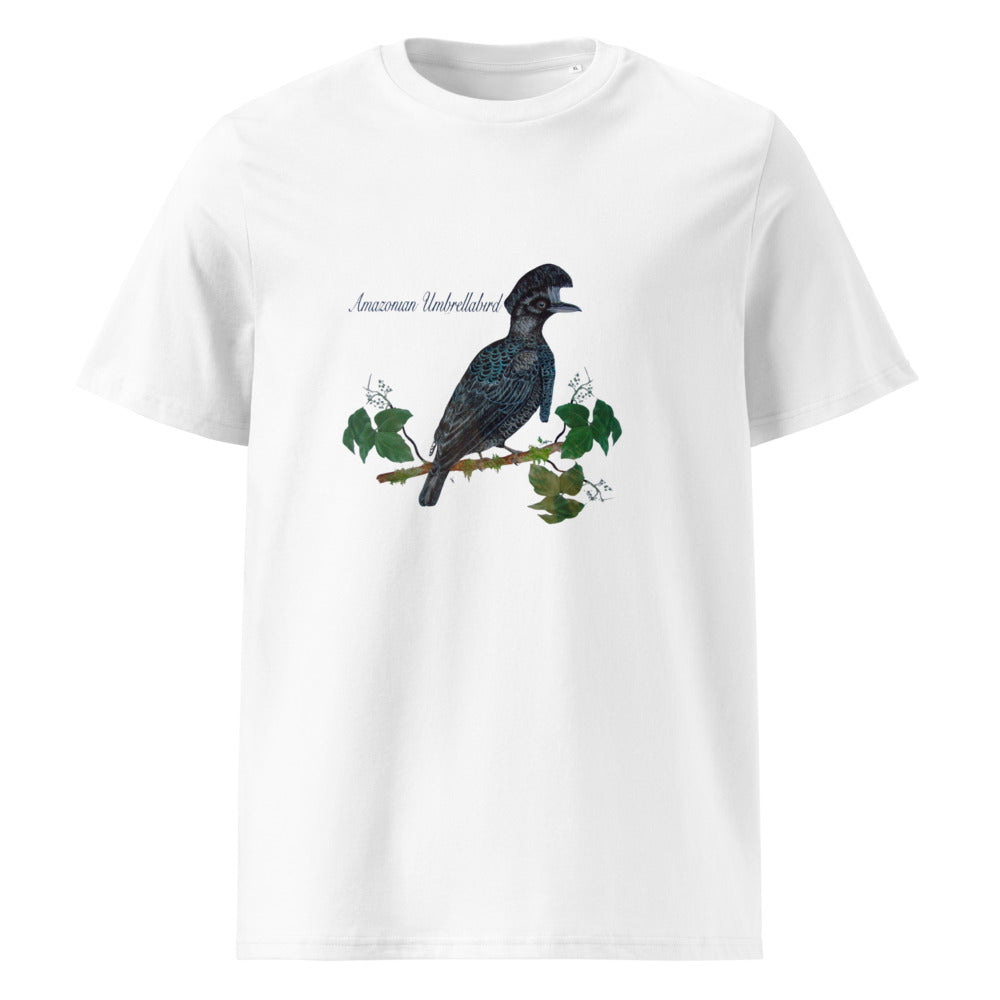 Amazonian Umbrellabird tee on White, Printful mockup