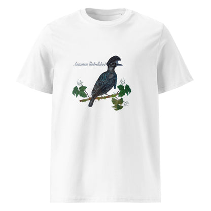 Amazonian Umbrellabird tee on White, Printful mockup