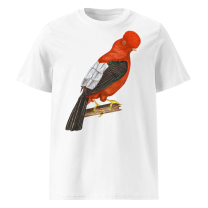 Andean Cock-of-the-rock tee on White, Printful mockup