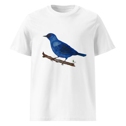 Blue-and-Black Tanager tee on White, Printful mockup