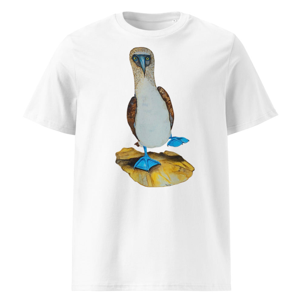 Blue-footed Booby tee on White, Printful mockup