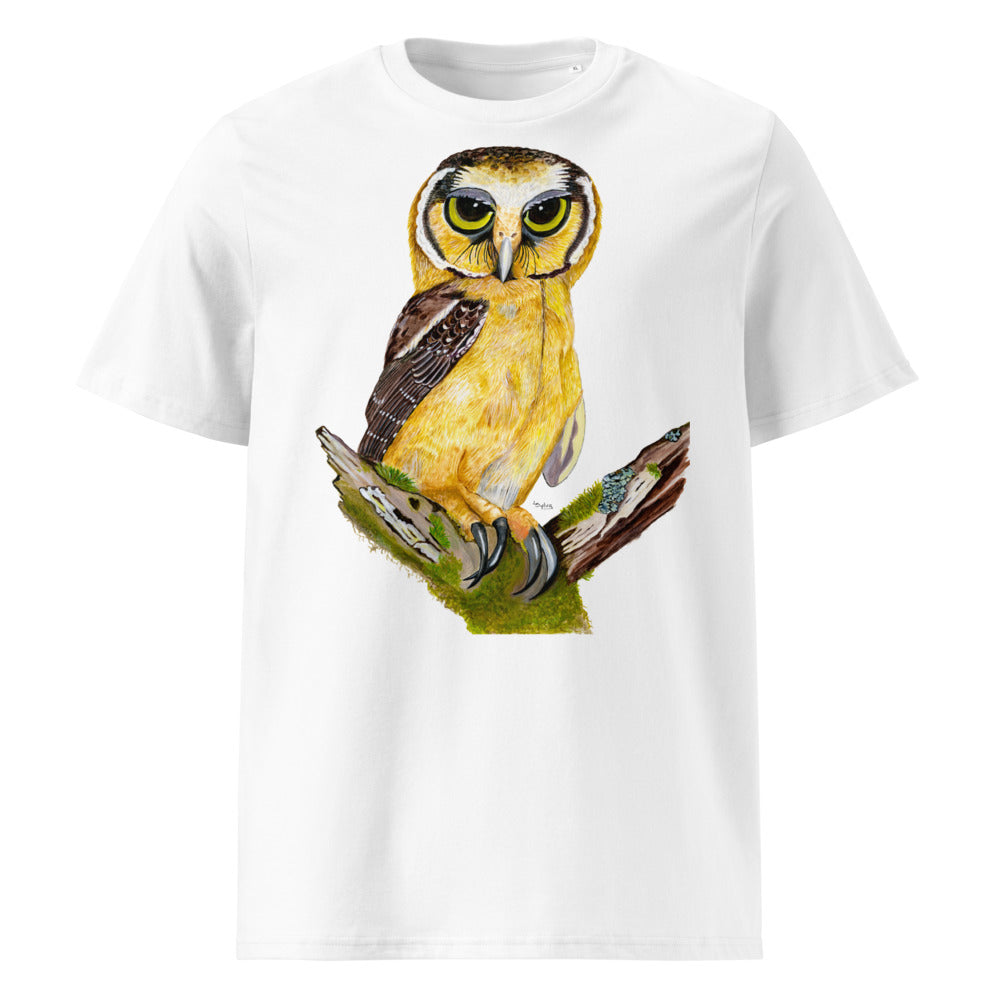 Buff-fronted Owl tee on White, Printful mockup