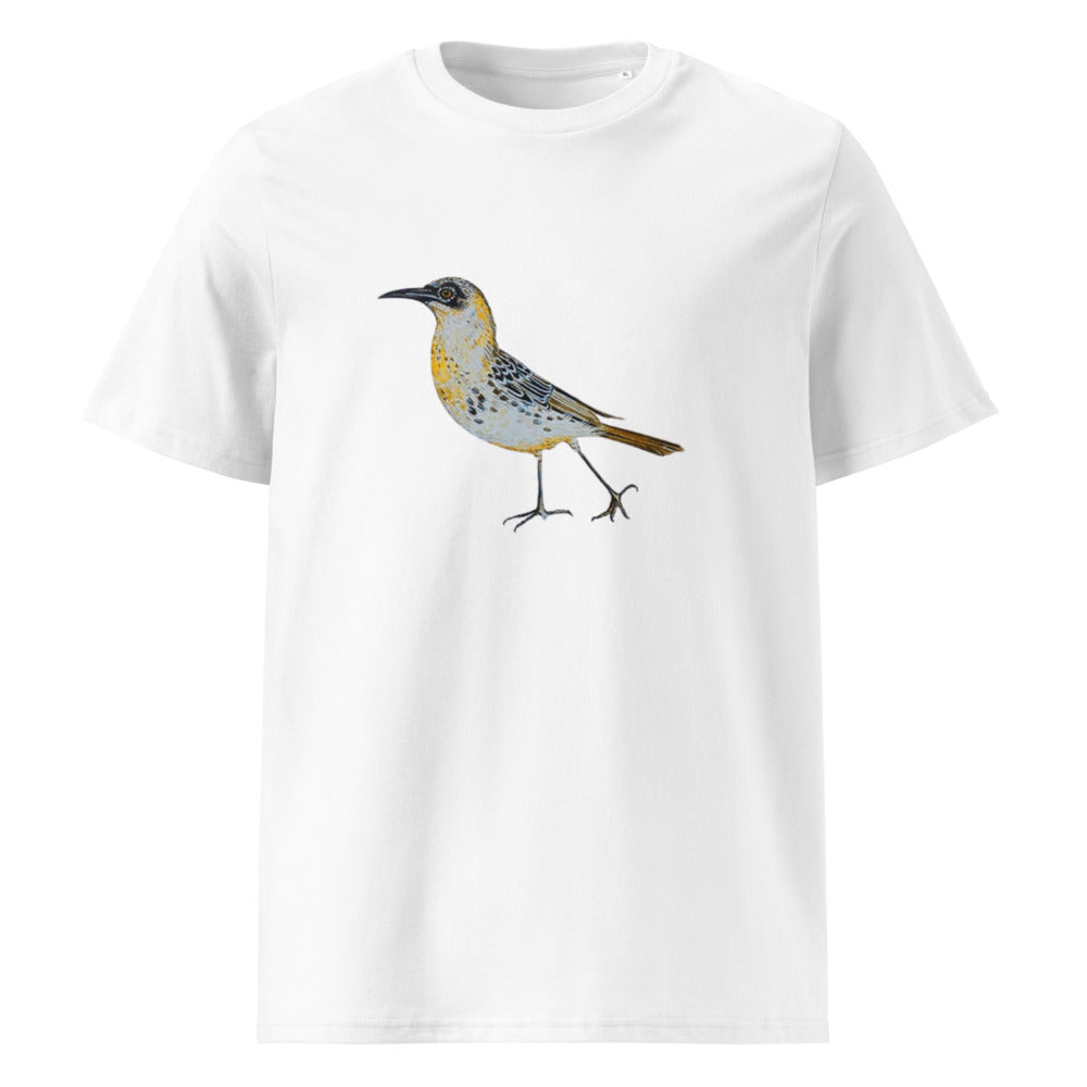 Galápagos Mockingbird tee on White, Printful mockup