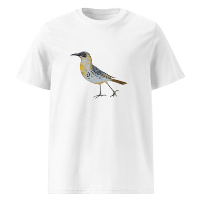 Galápagos Mockingbird tee on White, Printful mockup