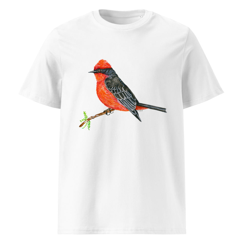 Vermilion Flycatcher tee on White, Printful mockup