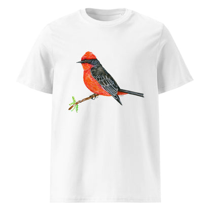 Vermilion Flycatcher tee on White, Printful mockup