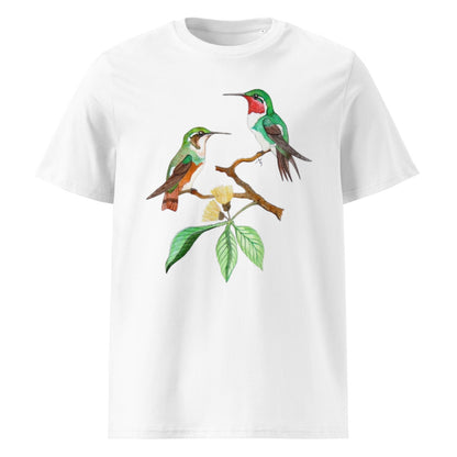 White-bellied Woodstar tee on White, Printful mockup