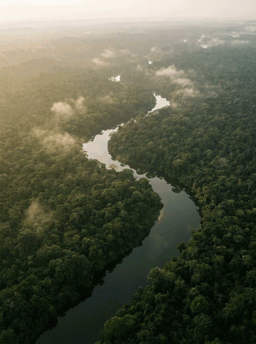 Amazon rainforest canopy at dawn